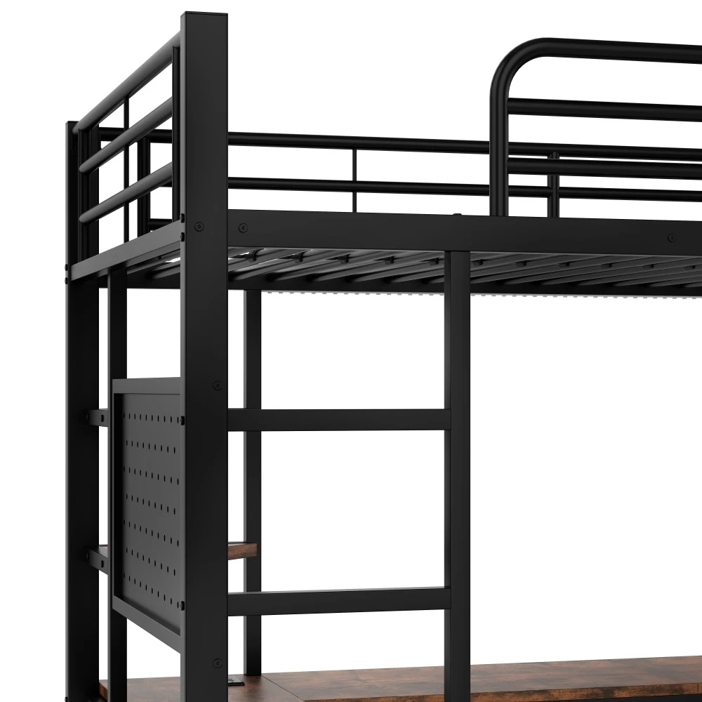 90 x 200 cm großes Hochbett, Eisenrahmen, Schreibtisch, Geländer, Rolltreppe, mit USB+Typ-C-Buchse und LED-Leiste, mit perforiertem Brett, ohne Matratze – Detail 20