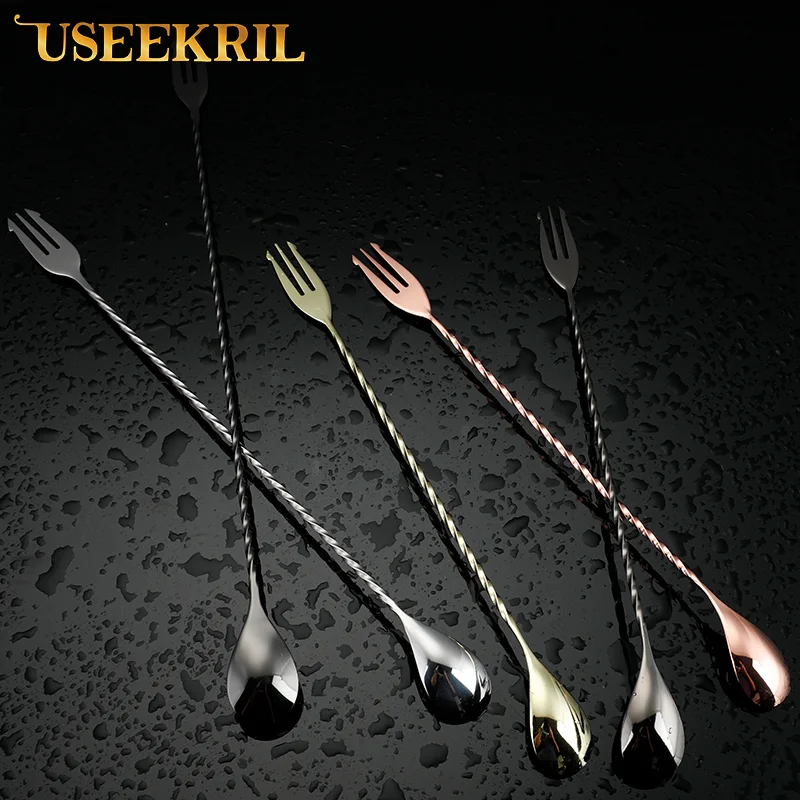 30 40 50cm Bar Spoon With Fork Tip Cocktail Twisted Mixing Stainless Steel Bartender Tools