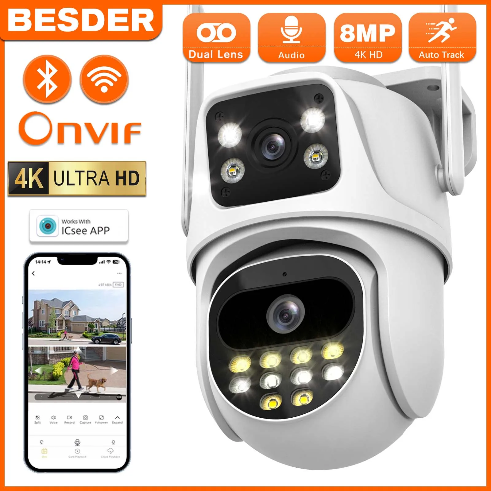 BESDER 4K Outdoor PTZ WIFI Camera Dual Lens Dual Screen 8MP Surveillance Camera Smart Auto Tracking Night Vision CCTV IP Camera