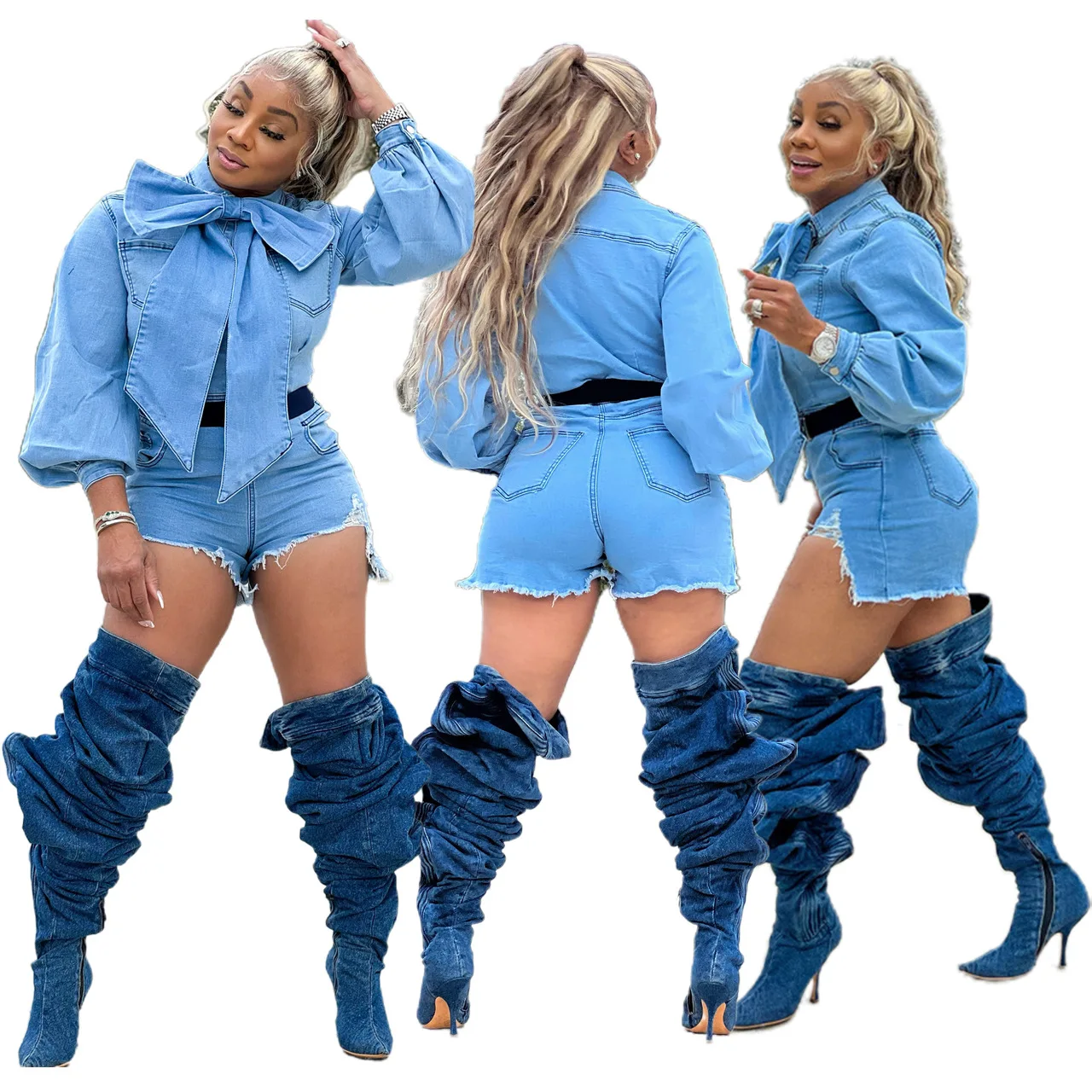Denim Jeans Jumpsuit Overalls Women Elegant Party Chic Long Sleeve Bodysuits Bow Knot Top Nightclub One Piece Ladies Jumpsuits