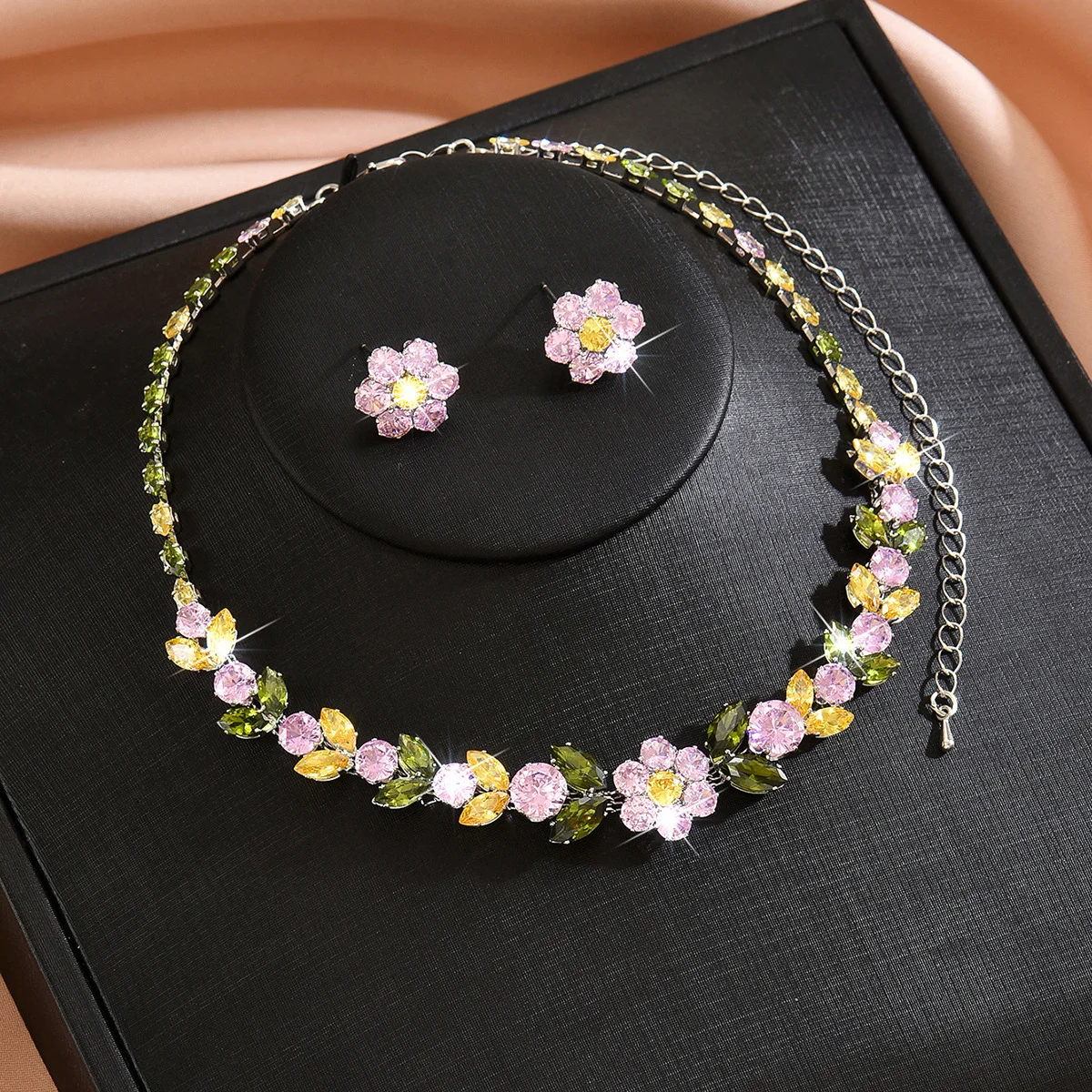 2026 New Floral Earrings and Necklace Set for Women - Trendy Floral Set with Diamond and Zirconia Stones (Instagram Style) - 2
