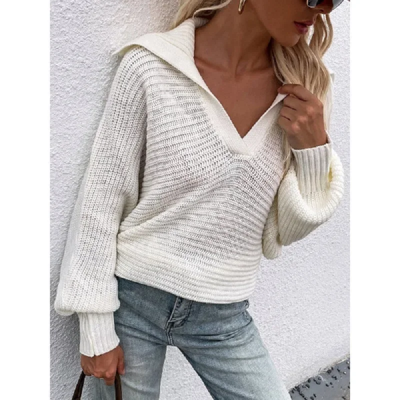 

Loose Sweater Knit puff femme turn down collar Full Sleeve Knitted Pullover Tops V-Neck Lantern Sleeve Jumpers sueters de mujer