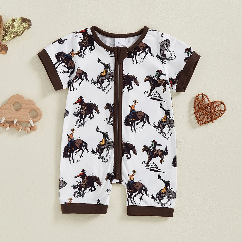 2024-12-03 Lioraitiin Newborn Baby Boy Western Romper Short Sleeve Round Neck Horse Print Jumpsuit Playsuit 2