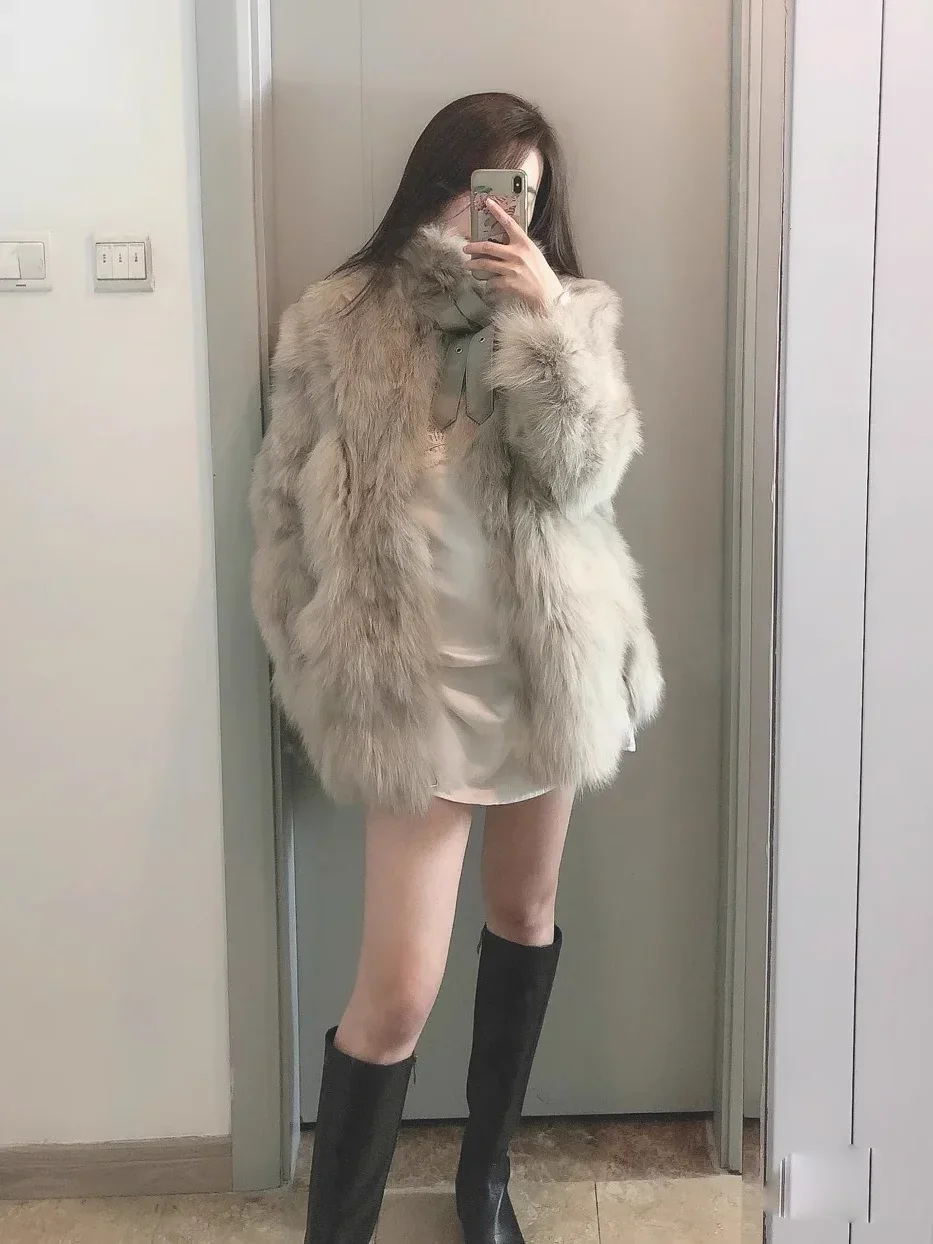 Motorcycle Women's Faux Fox Fur Coat Autumn and Winter New Streetwear Woman Long Sleeve Mid-length Furry Plush Jacket Feminino