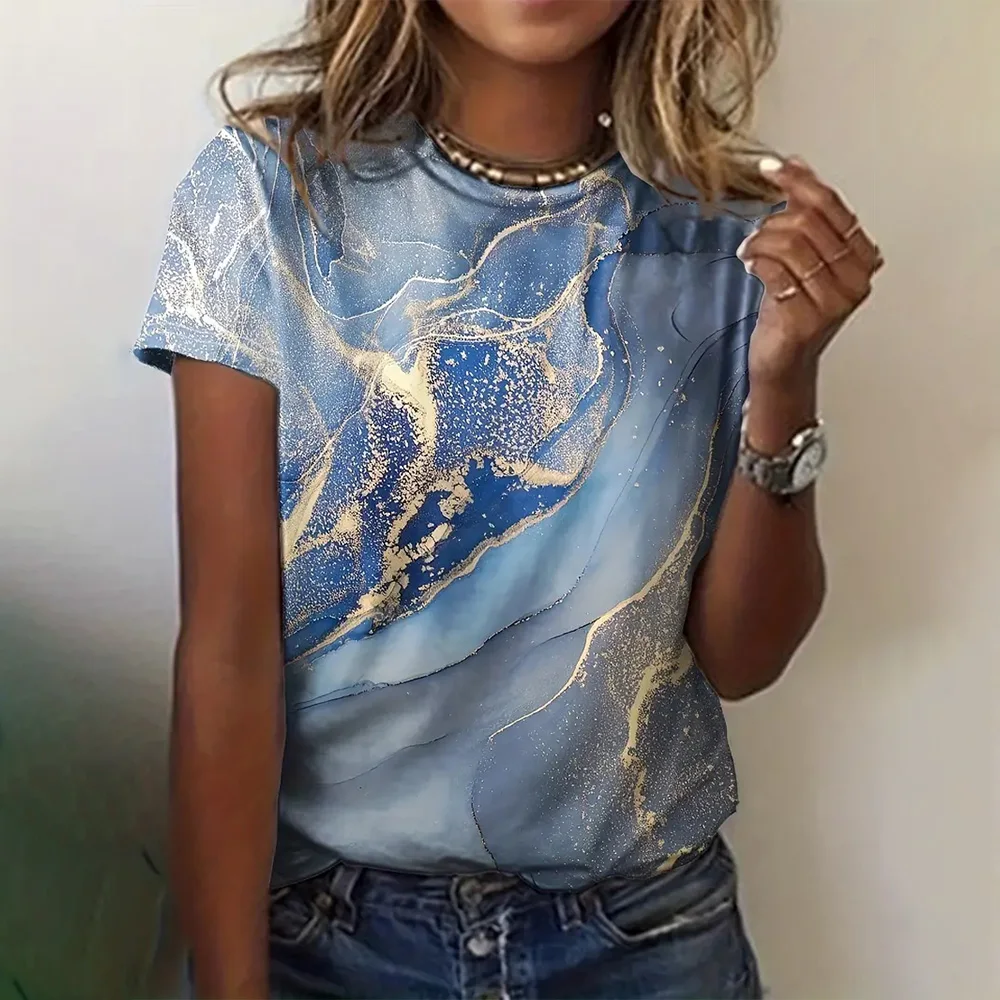 

Women's Summer T-shirt Marble Colorful Printed Top Fashion Round Neck Short Sleeve Loose Comfortable Clothing Women's T-shirt
