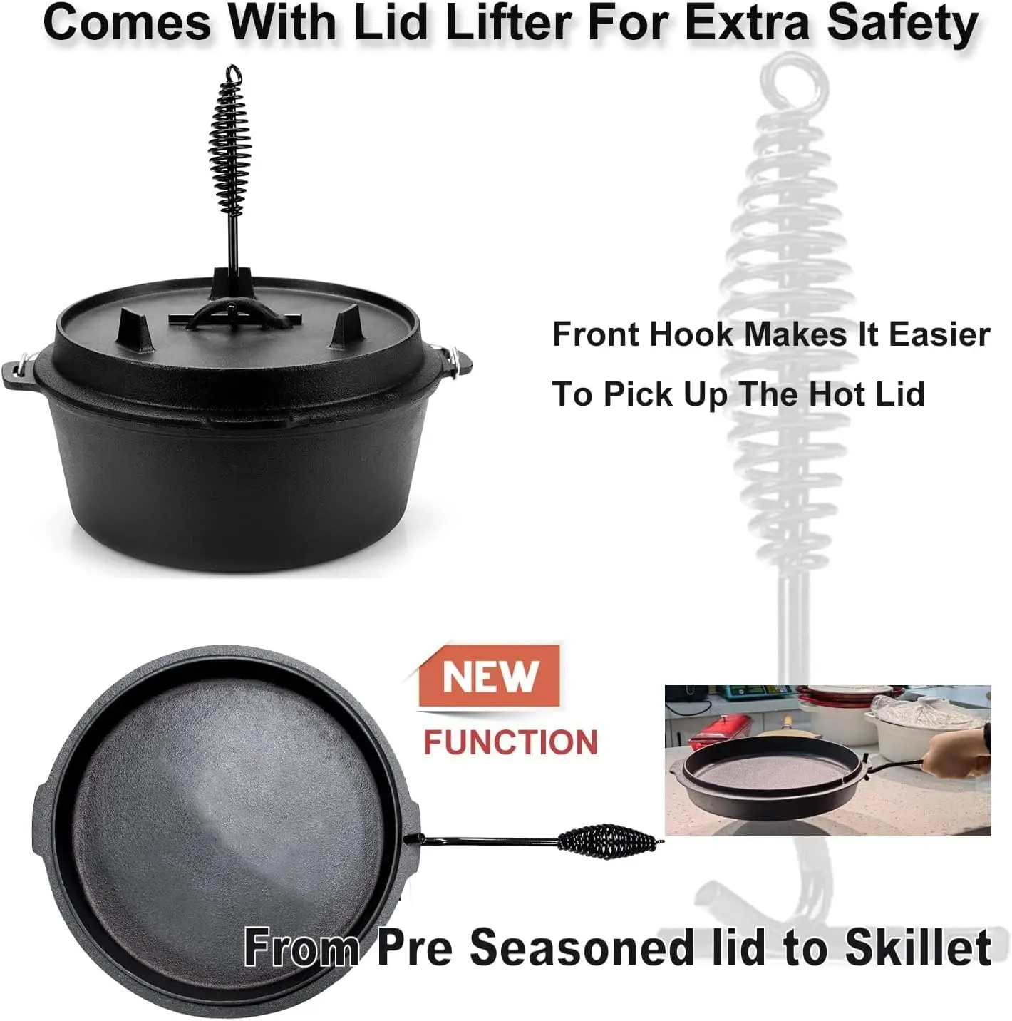 Camping Dutch Oven,12 Qt Pre-Seasoned Camping Cookware Pot with Lid-Lid Lifter, Cast Iron Dutch Oven with Metal Handle for Coo