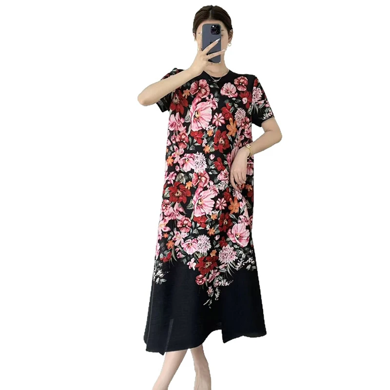 LANMREM Vacation Style Printting Short Sleeve Women's Dress 2025 New Summer Loose Elastic Round Collar Pleated Dresses 2DB3436 - Image 5