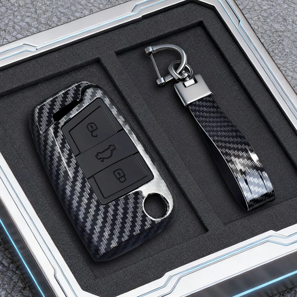 Premium Carbon Fiber Car Key Case Cover - 3/4 Button Protection for Volkswagen, SEAT, and Skoda