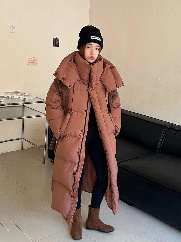 Winter Thick Long Hooded Down Jacket Women White Duck Down Knee Length Down Jackets Female Solid Warm Outdoor Parkas Outwears
