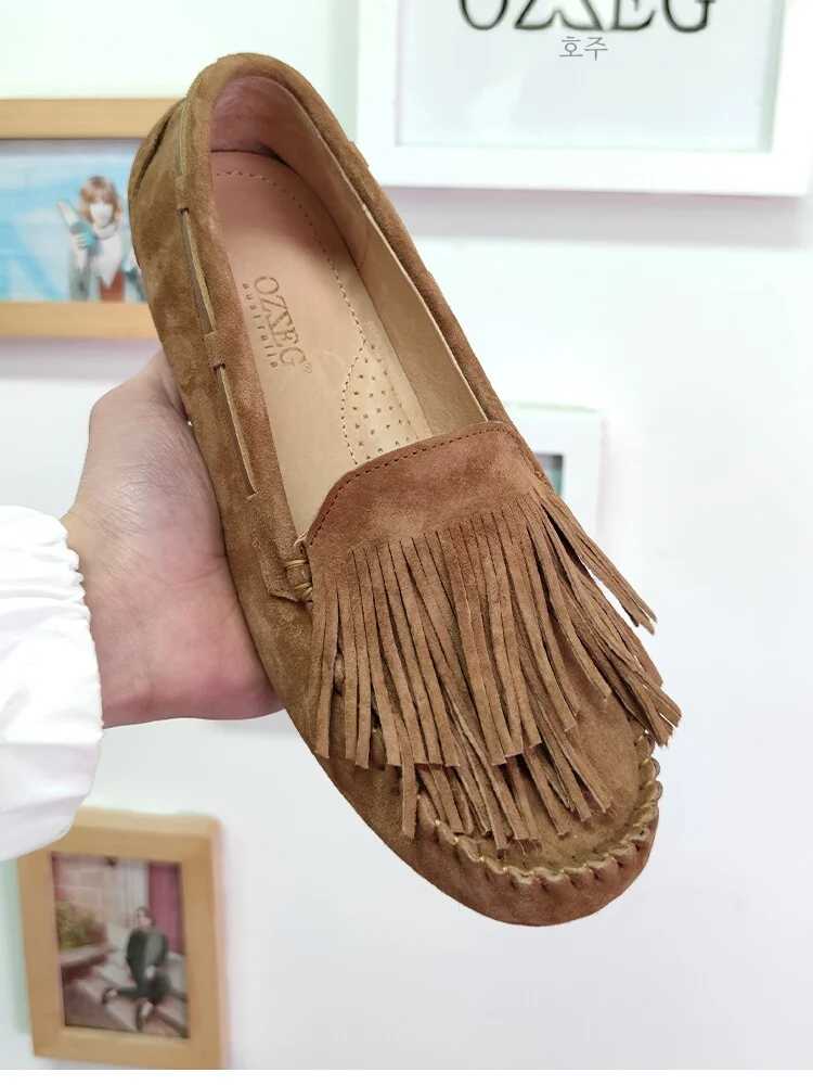 Ozzeg 여성  가죽 원주민 Tangka 콩 신발 봄 여름 얕은 프린지 임신 여성 신발 하단 보트