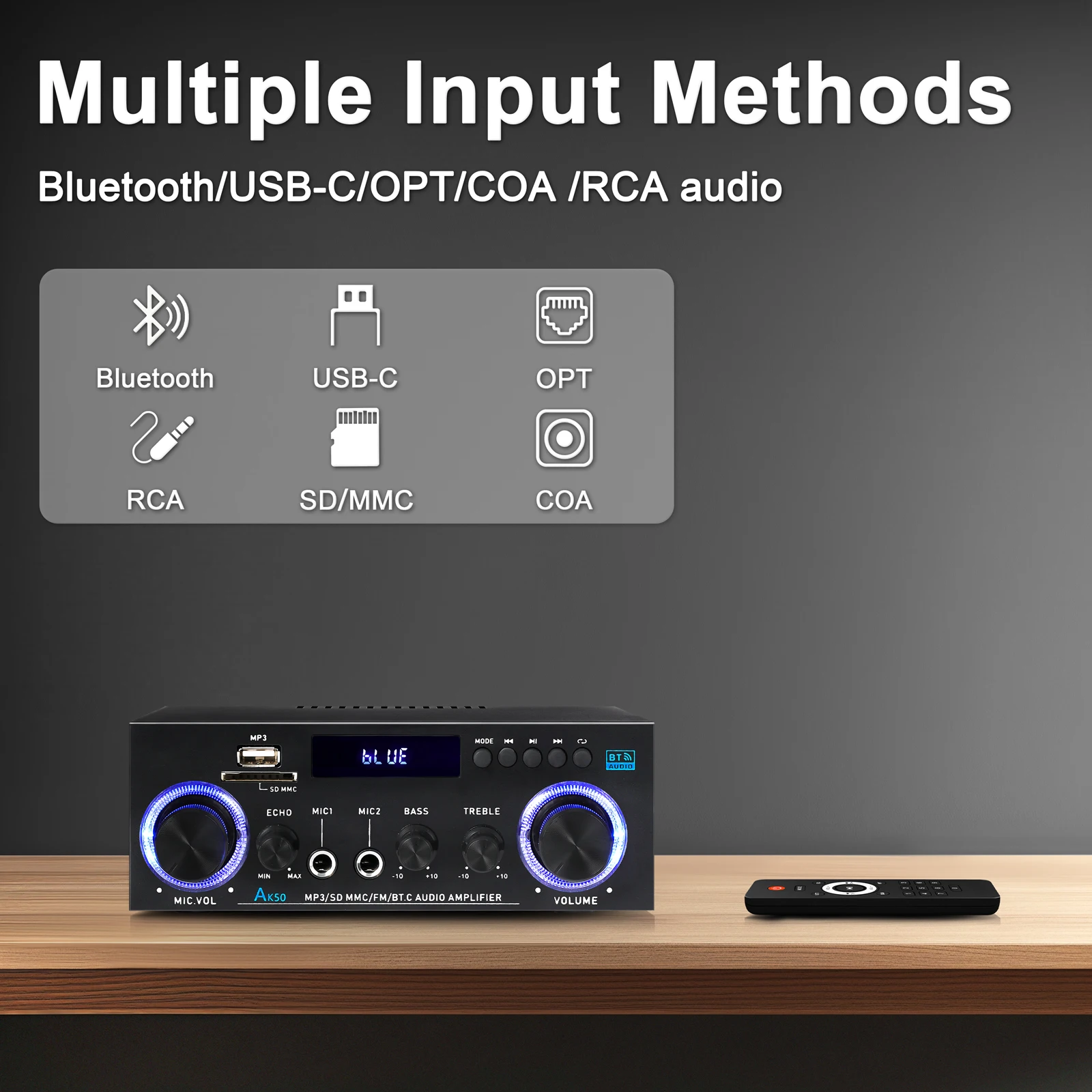 60W*2 Sound Amplifier AK50 HiFi Digital Bluetooth Power Amplifier Channel 2.0 FM