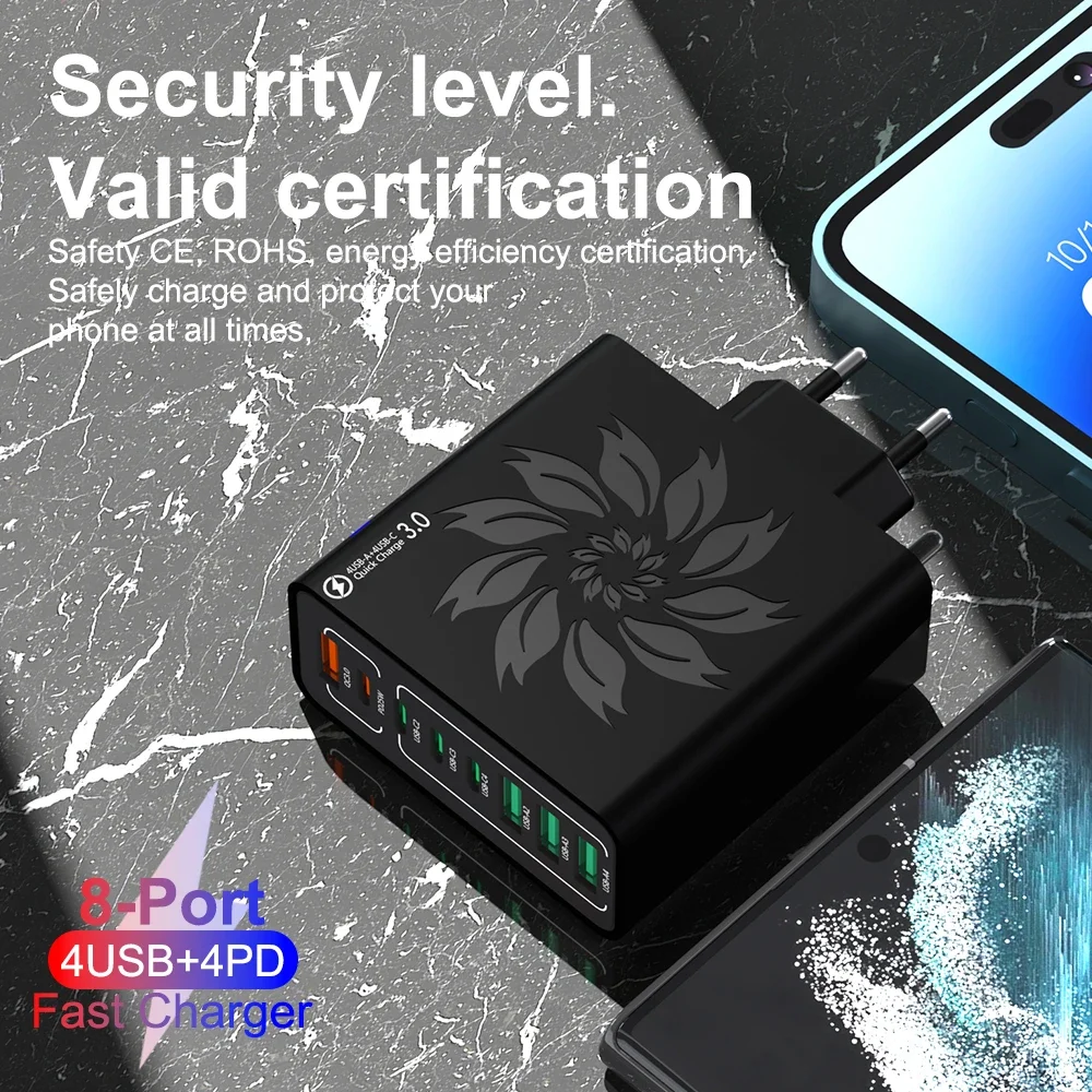 65W USB Charger Fast Charge Multi Ports Power Adapter Type C Fast Charging Charger Quick Charge 3.0 Travel Adapter For Household