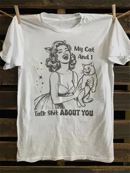 Retro Cartoon Cat and Woman Print Summer Women's Vintage Style T-shirt Short Sleeve Round Neck Soft Comfortable Casual Clothing 1
