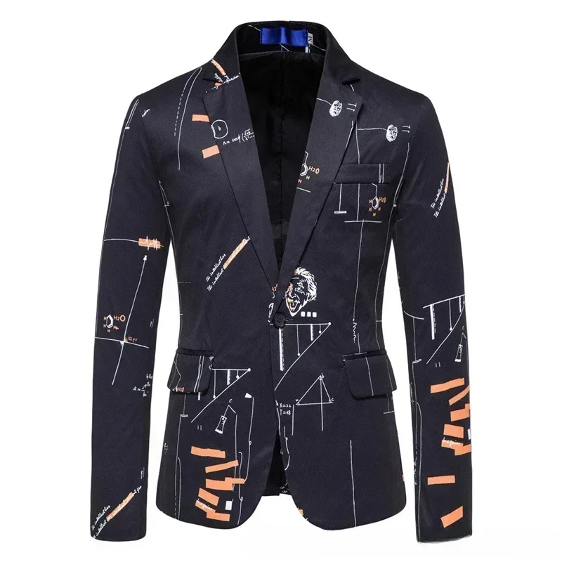 Men's Blazer Digital Print Single Breasted Male Blazer Casual Fashion Slim Fit Suit Jacket Black White Coat Dress Stage Party