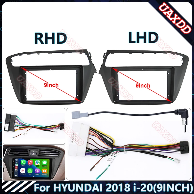 현대 2018 i-20 LHD-RHD 카 라디오, 안드로이드 스테레오 오디오 화면, 멀티미디어 비디오 플레이어, 내비게이션 케이블 하네스 프레임, 9 인치