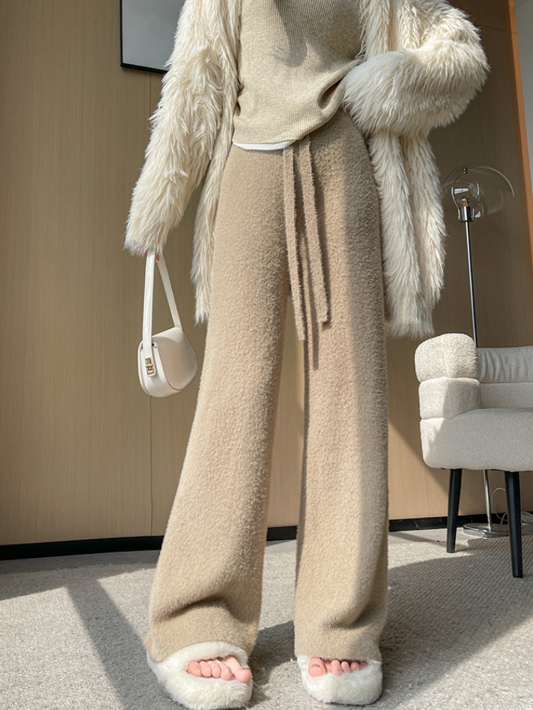 Soft Comfort Women's Pants Fluff Mink Fleece High Waist Lace-up Knitted Trousers Autumn and Winter Casual Wide-leg Pants Women's
