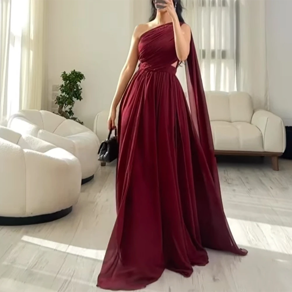 

One Shoulder Evening Dresses Long A Line فساتين السهرة Robe de soirée Elegant Burgundy Chiffon Formal Party Dress with Cape