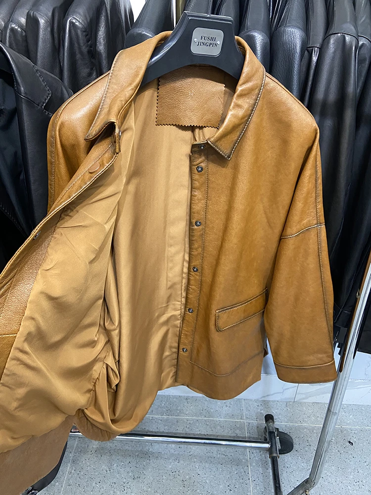 Women Genuine Sheepskin Leather Spring Autumn Fashion Classic Khaki Real Leather Jacket Oversize Loose Real Leather Coat