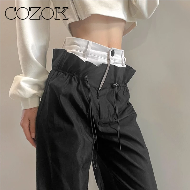 

COZOK Street Drag Cool Girl нишевые дизайнерские чувствительные двойные брюки талия повседневные брюки женские черные брюки свободные прямые штаны