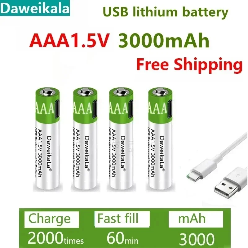 Batterie Ricaricabili Daweikala Usb Aaa 1.5V 3000Mah Batteria Agli Ioni Di Litio Per Telecomando Batteria Giocattolo Elettrica Mousecavo Di Tipo C