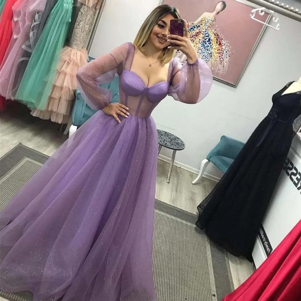 

Verngo Shimmer Lavender Tulle Prom Dresses Puff Long Sleeves Sweetheart Bones Floor Length Evening Gowns Women Formal Dress