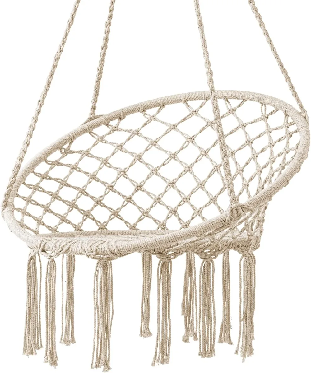 

HBlife Hammock Chair, Hanging Swing with Macrame, Max 330 Lbs, Beige Hanging Cotton Rope Chair for Indoor, Outdoor, Bedroom