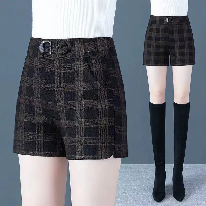Korean Version Fashion Versatile Woolen Five Point Shorts Women's Solid Zipper Button Pockets High Waist Casual Straight Pants