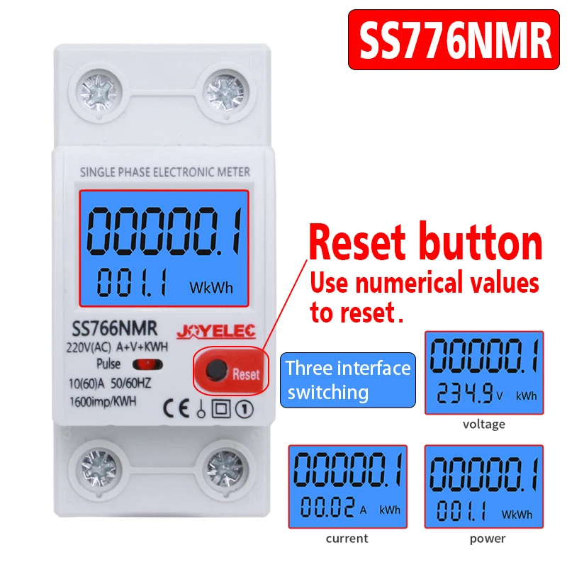 Energy Meter JOYELEC Digital Single Phase Reset Zero kWh Voltage Current Power Consumption 220V AC