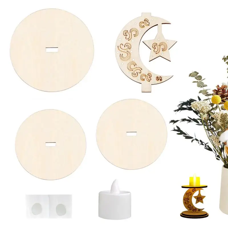 

Wood DIY Moon LED Candle Stand Eid Mubarak Home Table Candle stick Muslim Islamic Party Supplies Electric Candles for Eid Table