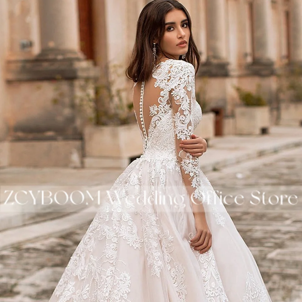 Elegantes Tüll-Applikationen-Ballkleid mit langen Ärmeln, Hochzeitskleid 2026, Illusions-V-Ausschnitt, Brautkleid mit Schleppe, Vestido De Noiva – Detail 6