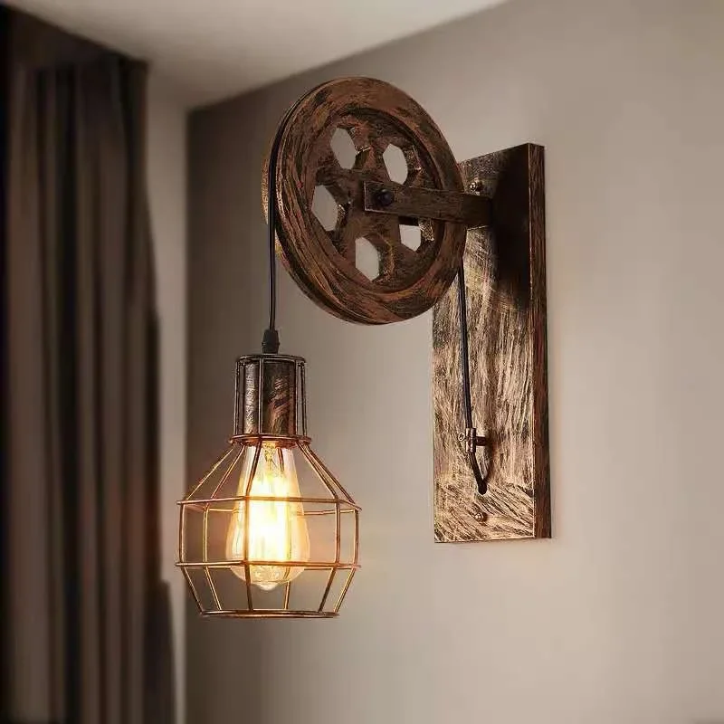 

Industrial Style Retro Creative Wrought Iron Pulley Lamp American Country Wall Lamp Personalized Restaurant Corridor Lights