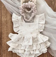 Baby Girl Cotton Floral Criss-Cross Romper Kid Princess Ruffles Layered Dress Bodysuit Rompers Jumpsuits Children's Clothing 4T 5