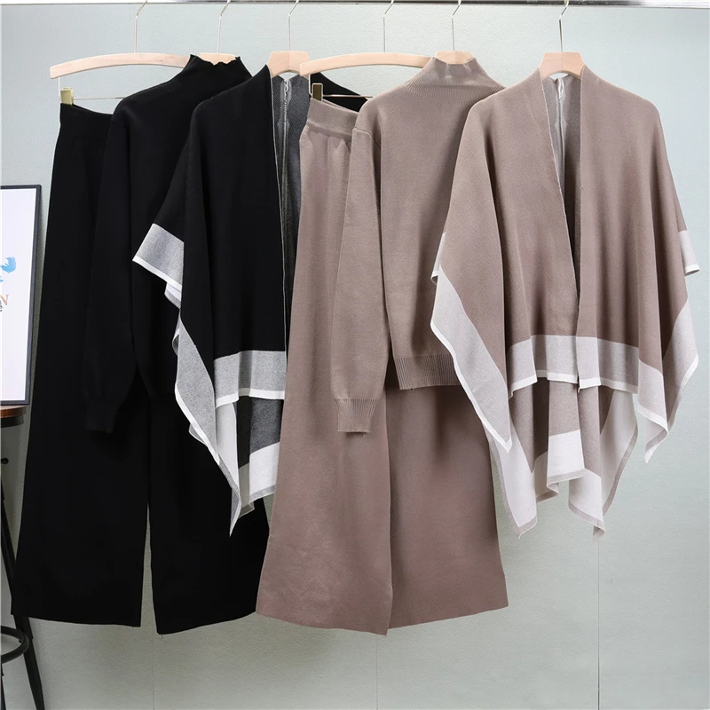 Comfortable 3-piece sports suit set, long cardigan coat, long-sleeve blouse, pants, knitted suits, comfortable clothing, autumn clothing,