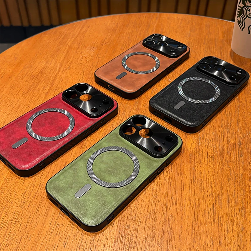 Magnetic Leather Shockproof Case with Metal Camera Shell and Mag-safe Compatibility
