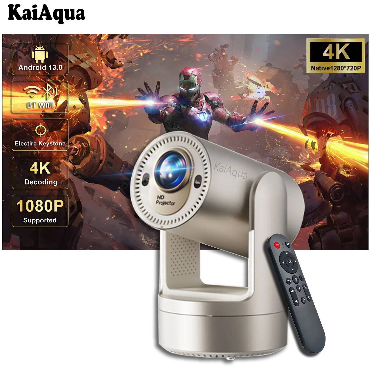 KaiAqua HY7 Max Mini Projector 4K DLP Smart WiFi Android