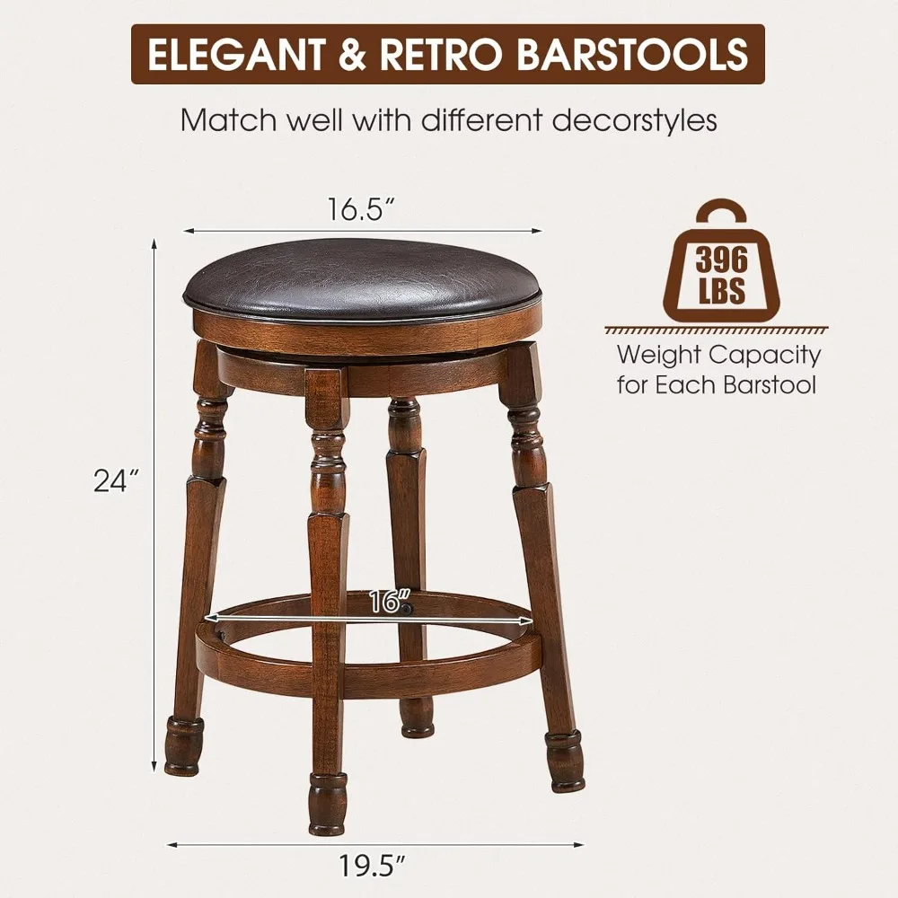 Bar Stools Swivel Barstools 24 Inch Counter Height Bar Stools Backless Sturdy Solid Wood Chairs with Soft Faux Leather Seat