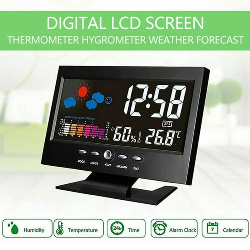 디지털 LED 기상 관측소 온도 및 습도 모니터 예보 표시 및 테이블 알람 시계 대형 화면 기상 시계