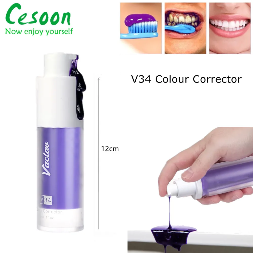

V34 Teeth Whitening Toothpaste Mousse Fast Purple Colour Corrector Serum Tooth Cleaning Yellow Stains Removal Brighten Oral Care