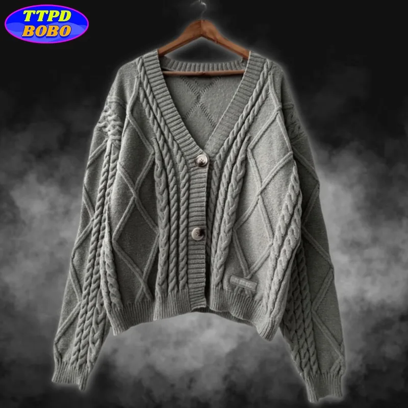 Autumn Knitted V-neck Long Sleeve Women's Grey Cardigans Winter Keep Warm Sweater Coat Fashion Solid Casual Tops 2024 2