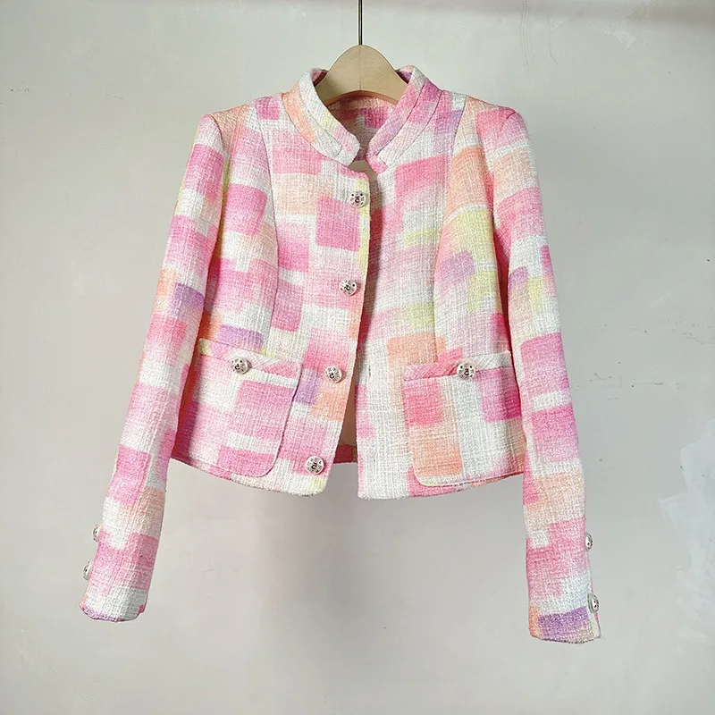 

Pink Plaid Wool & Blends Coats 2023 Luxury Designer Winter Clothes Women Elegant Single Breasted Short Tweed Jacket Female