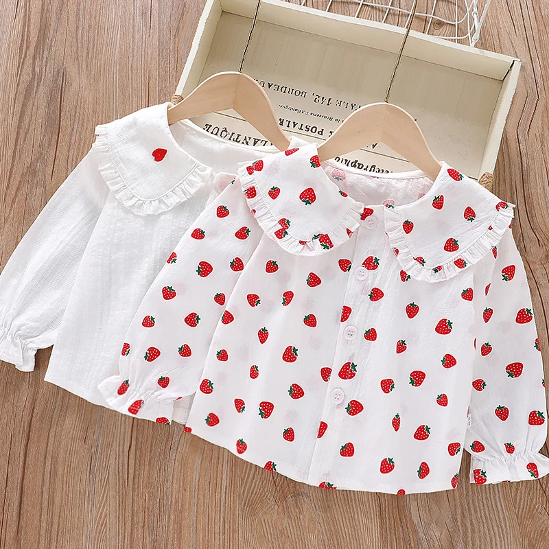 Girls' Shirt New Long Sleeve Turn Down Collar Strawberry Cherry Top Fashion Spring Autumn Children Blouse 2-6 Y