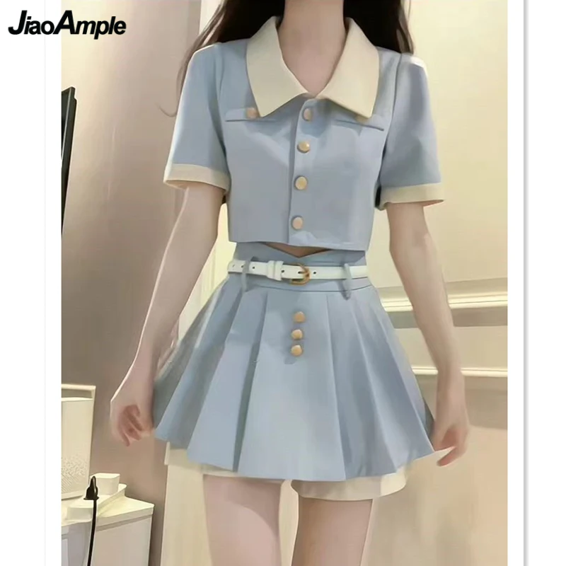 French Graceful Short Suit Jacket Mini Skirts Two Piece Set Women Summer Blue Patchwork Coats Skirt Outfits Korean Lady Clothing men s dark blue business suits formal suits for men one set james bond men wedding suits groom tuxedos coats pants tie