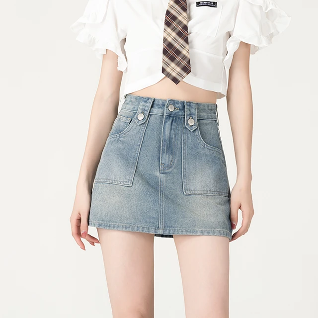 blue denim short skirt