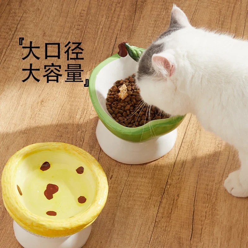 Cat bowl ceramic cat food water bowl high foot oblique mouth neck protection anti-knock large diameter cute