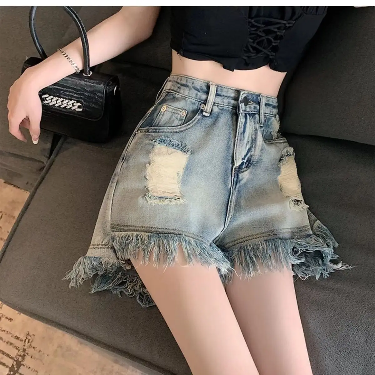 Women's High Waist Denim Shorts, Loose and Thin Coats, Tailored Pink, Fitness Sports, Large Size, Summer, New, 2023