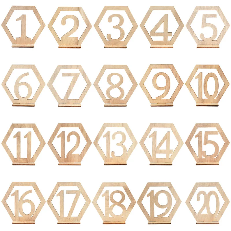 1-20 Table Number Signs Wooden Wedding Table Numbers Hexagon Shape with Holder Base Engagement Birthday Banquet Decor Wood Craft