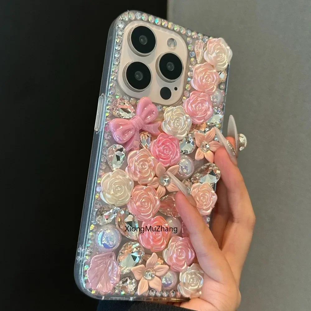 3D-Blumen Bling Strass-Hülle für iPhone 18 17 16 15 Pro Max 13 14 15 Plus 13 12 11 Pro Max XSMax Diamant-Kristall Damen-Cover