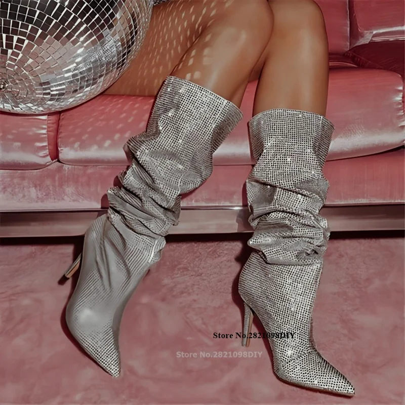 

Pull On Rhinestone Pointed Toe Knee High Boots Women's Shoes Stiletto Heeled Crystal High Point Heel Long Boot Bling Bling