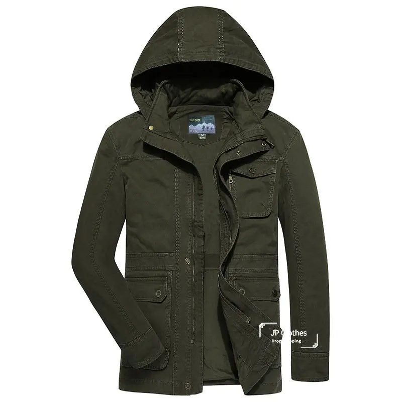 

Men jacket autumn loose large size men's windbreaker youth casual medium-length hooded jacket cargo army green solid color coat