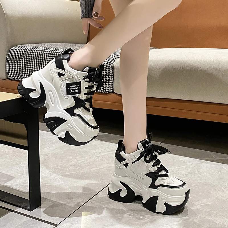 Women High Platform Casual Leather Shoes Autumn Lace-up Chunky Sneakers 10CM Wedges Hidden Heels Leisure Shoes